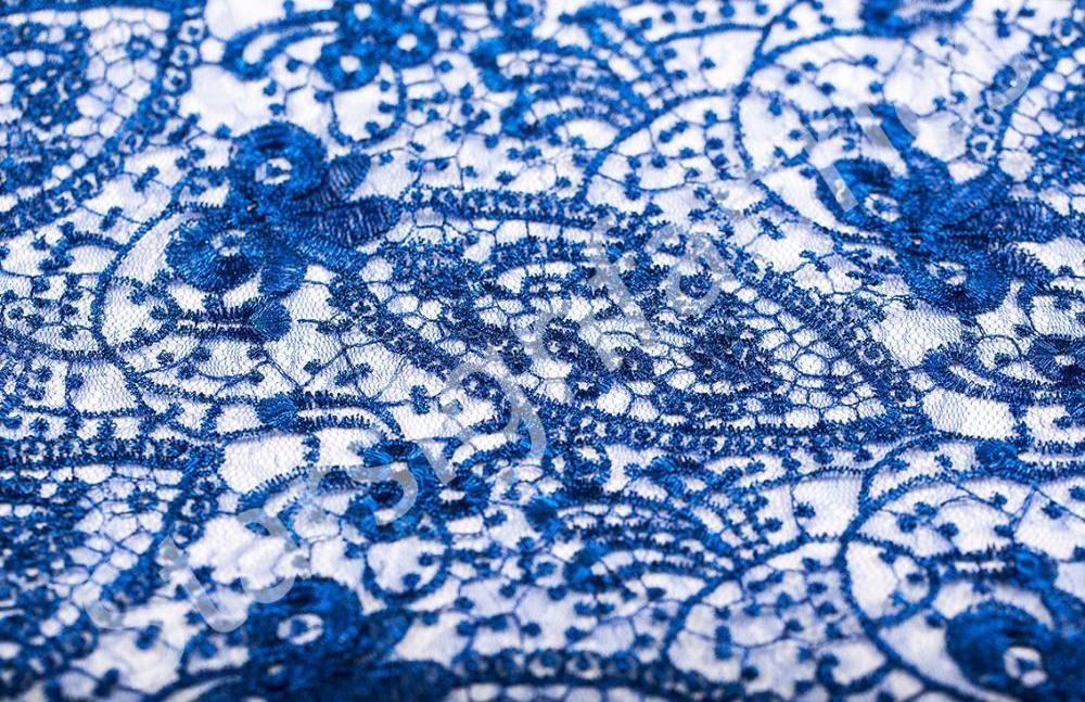 Shiny Lace Thread Embroidered Fabric with Far Eastern Style Oval Flower Design