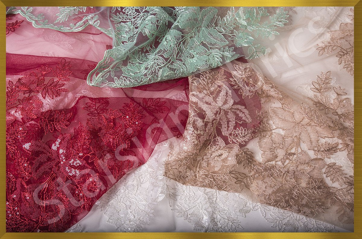 Sheer Sequin Floral Embellished Fabric | Burç Fabric