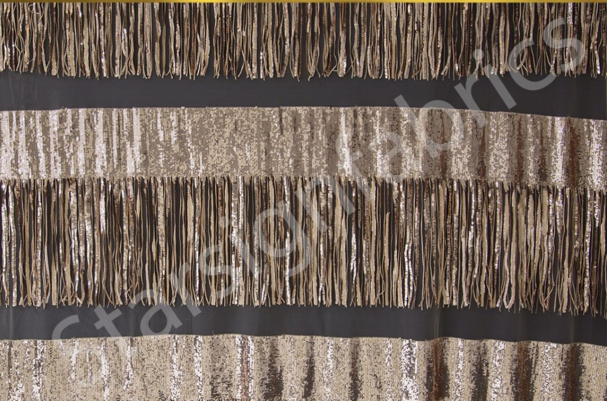 3D Long Fringed Trim Design Sequin Embroidery Tulle Fabric | Burç Fabric