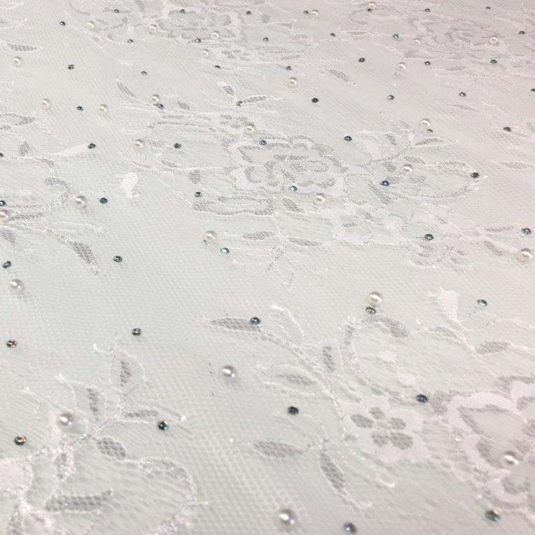 White Pearl Beaded Lace Embroidery Wedding Dress Fabric | Burç Fabric