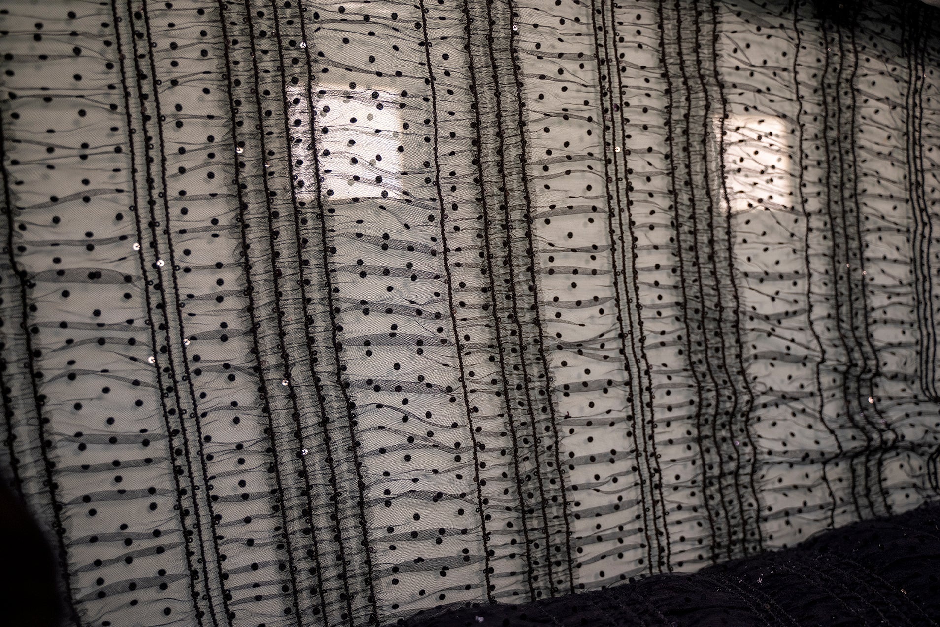 PLEATED SEQUINED FABRIC ON BLACK POOL TULLE