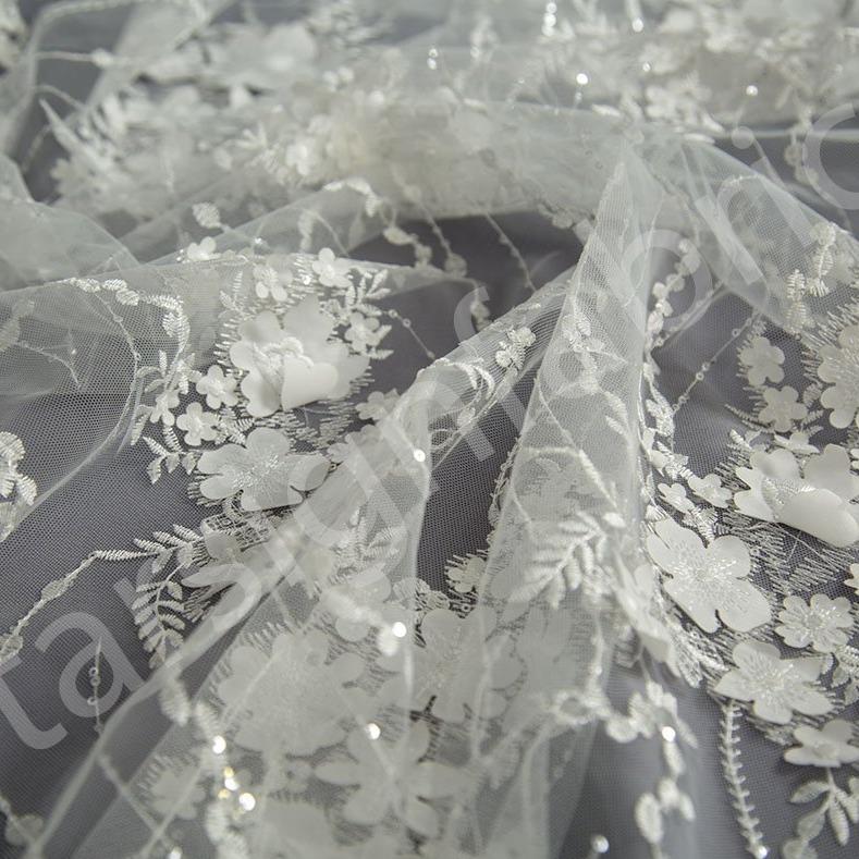 3D Flower Design Embroidered Fabric on Knitted Base | Burç Fabric