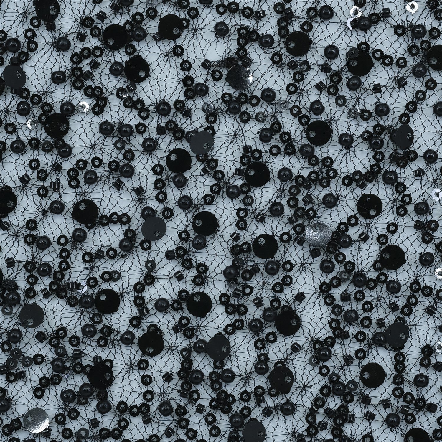 SPIDER NET TULLE FABRIC WITH SEQUINED PEARLS AND CUT BEADS