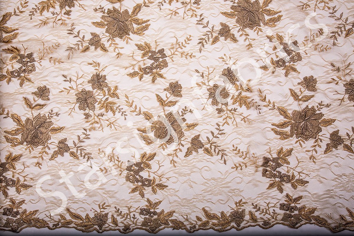 Mallorca Style Gold Floral Embroidered Lace Fabric | Burç Fabric