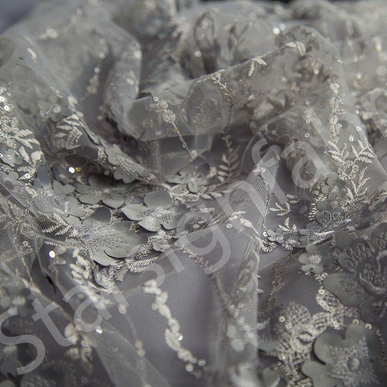 3D Flower Design Embroidered Fabric on Knitted Base | Burç Fabric