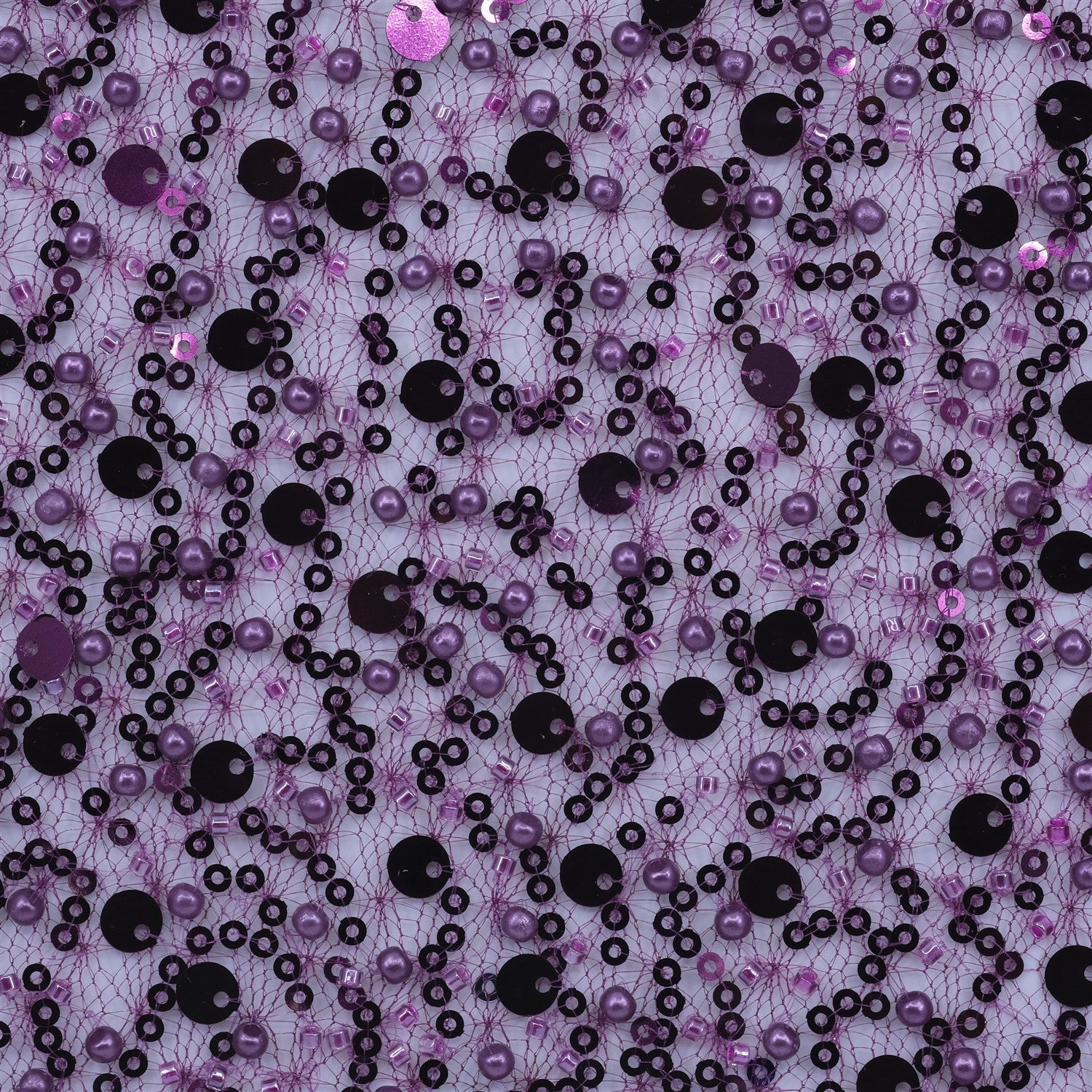 SPIDER NET TULLE FABRIC WITH SEQUINED PEARLS AND CUT BEADS