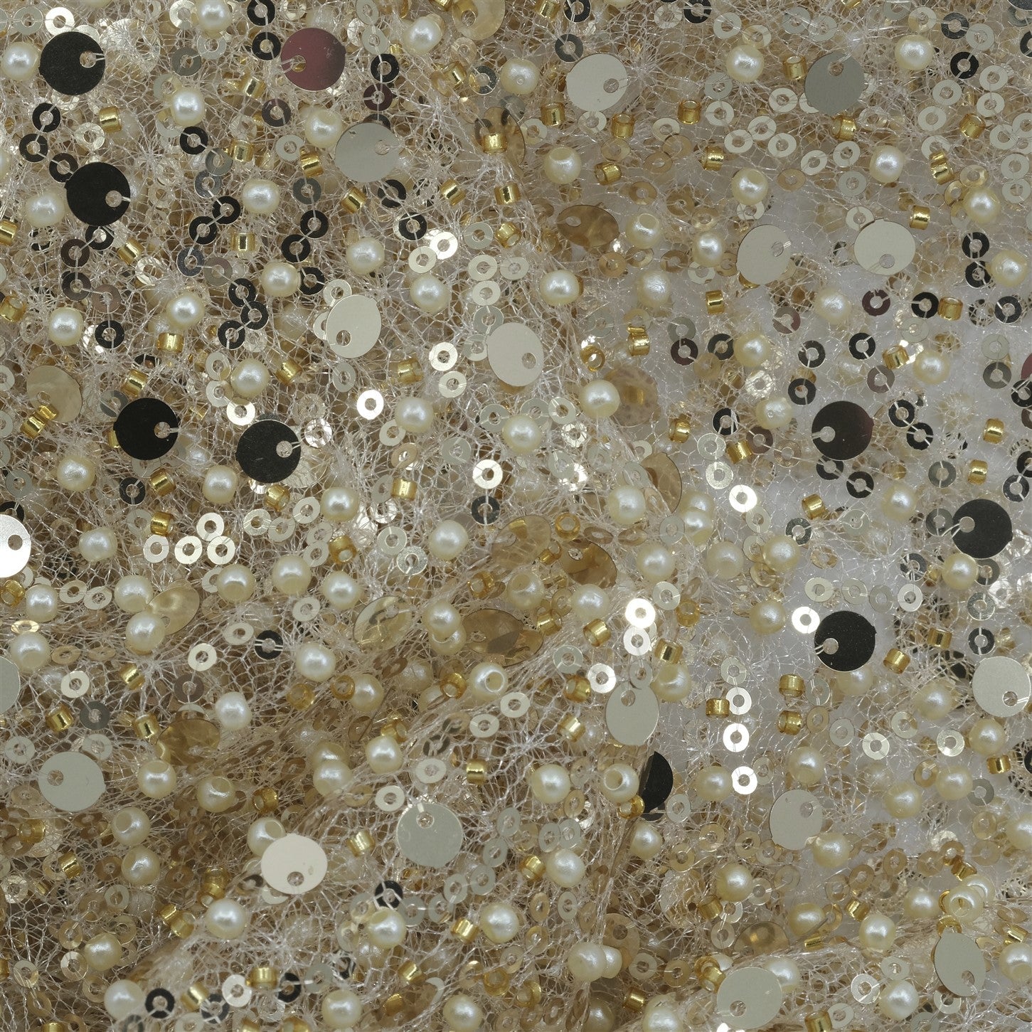 SPIDER NET TULLE FABRIC WITH SEQUINED PEARLS AND CUT BEADS