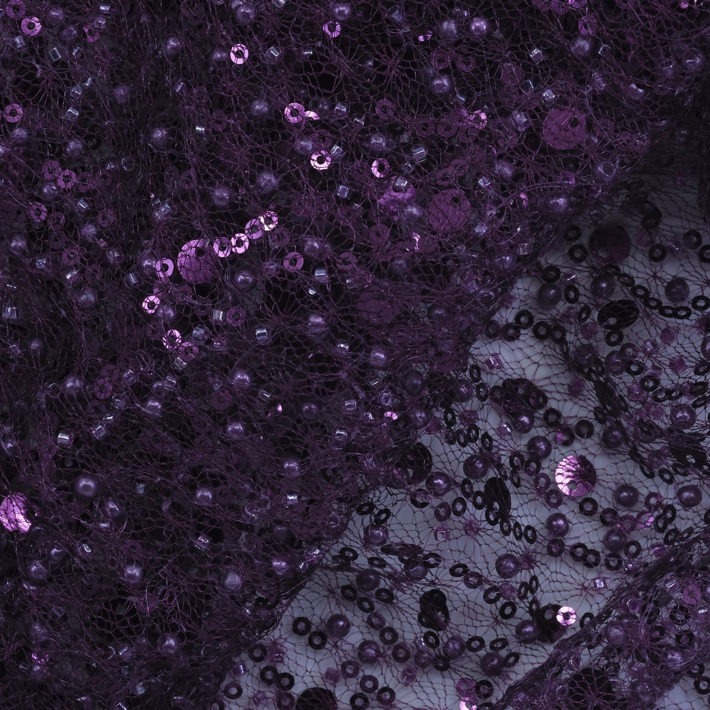 SPIDER NET TULLE FABRIC WITH SEQUINED PEARLS AND CUT BEADS