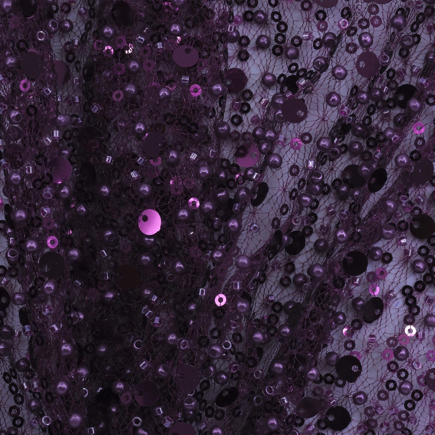 SPIDER NET TULLE FABRIC WITH SEQUINED PEARLS AND CUT BEADS