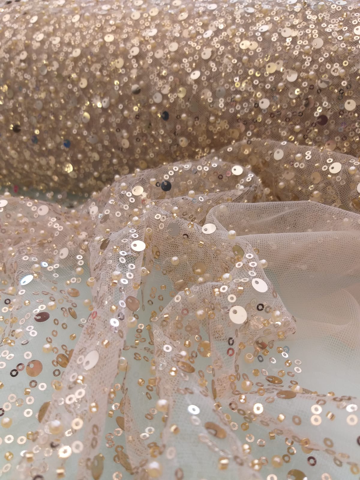 BL-001A DENSE SEquined PEARL AND CUT BEADED FABRIC