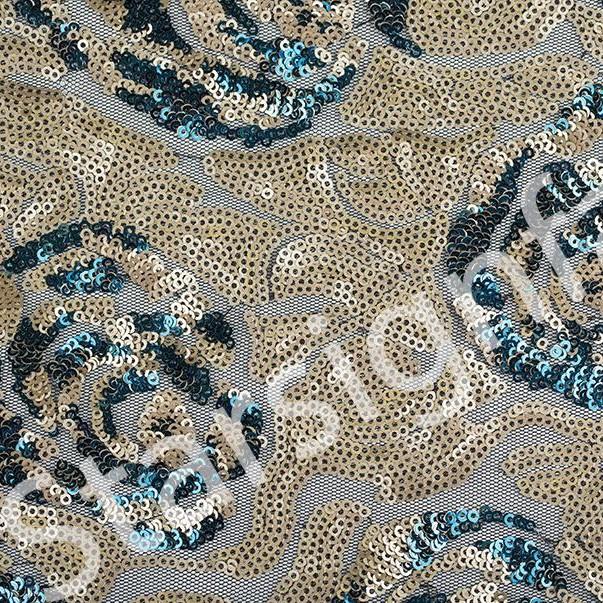 Turquoise Sequin Fabric Allover Rose Garden Design | Starsign Fabrics