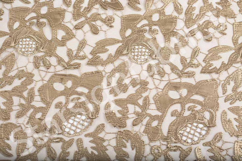 Gold Rose Laser Cut Faux Leather Embroidery Tulle Fabric | Starsign Fabrics