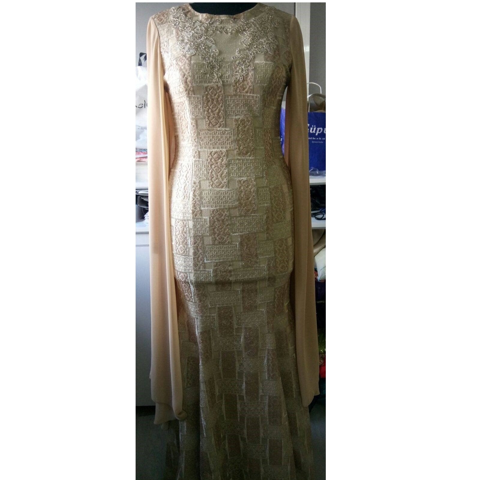 Traditional Style Shiny Gold Sequin Embroidered Dress | Burç Fabric
