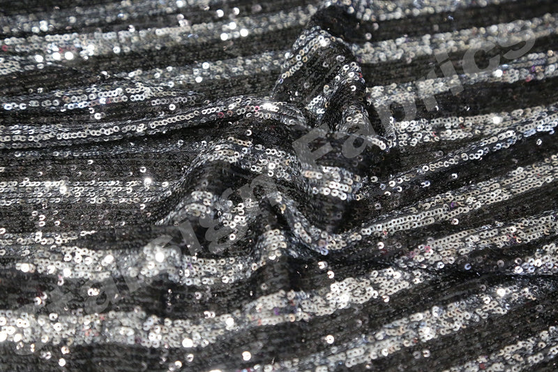 Black-Silver Leeds Style Striped Stretchy Sequined Embroidery Fabric | Burç Fabric