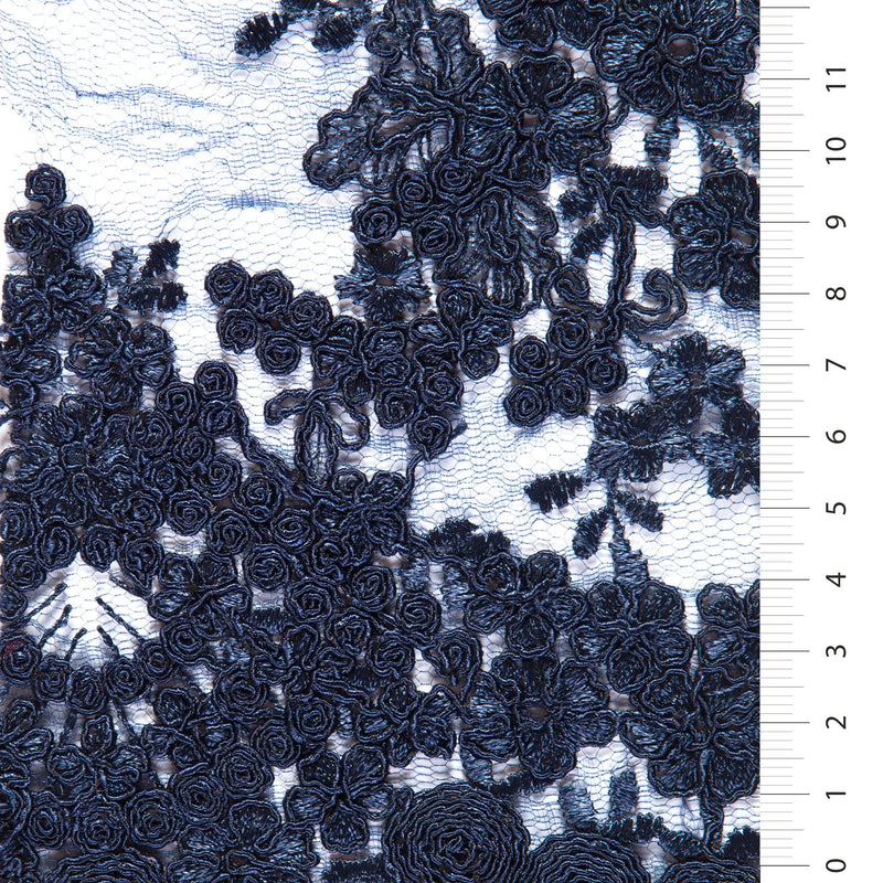 Navy Corded Floral Embroidery Lace With Scalloped Edge | Starsign Fabrics