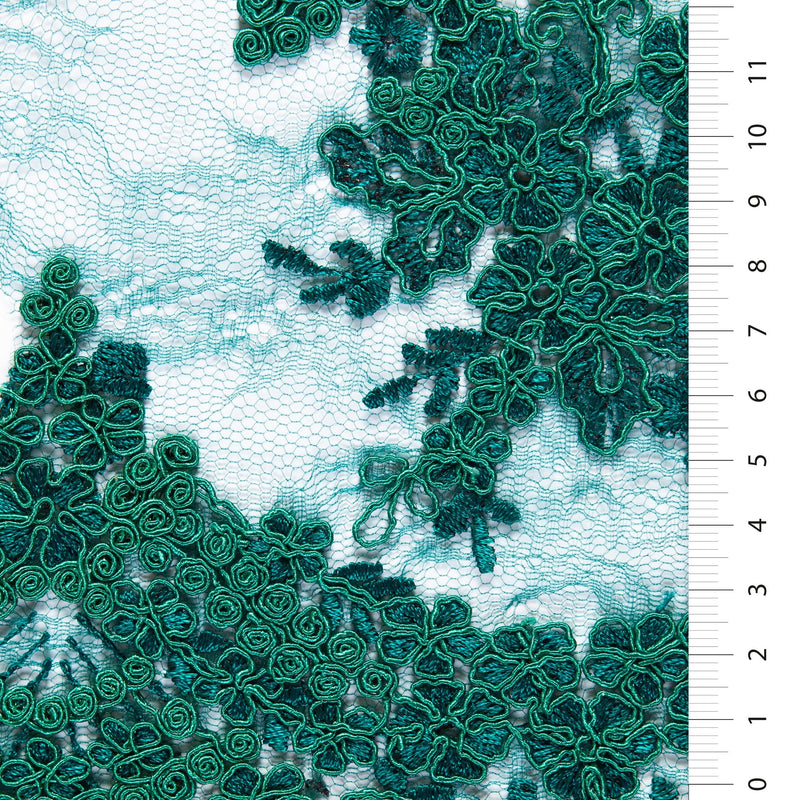 Green Corded Floral Embroidery Lace With Scalloped Edge | Starsign Fabrics