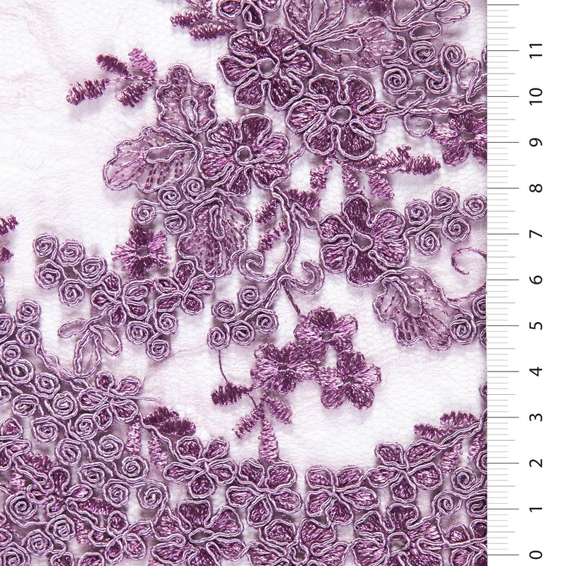 Lilac Corded Floral Embroidery Lace With Scalloped Edge | Starsign Fabrics