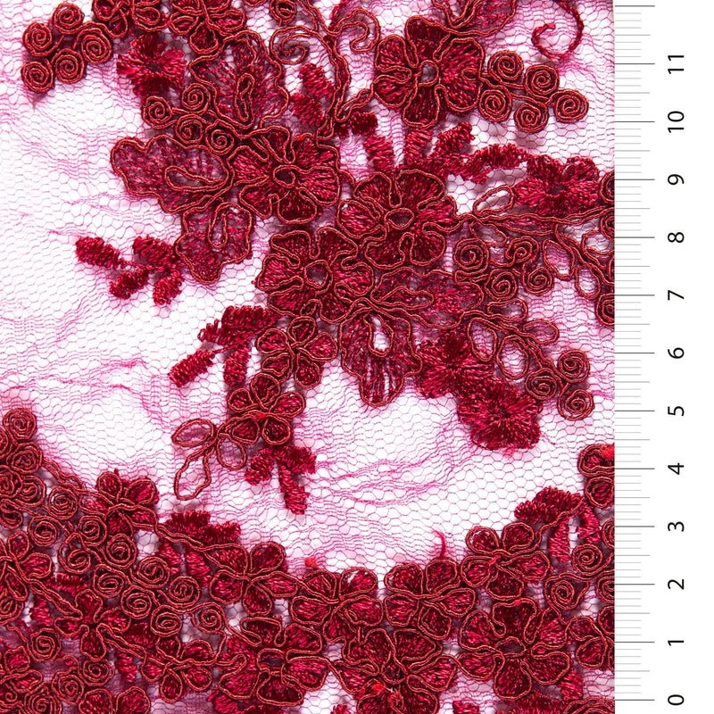 Red Scalloped Edge Drawstring Floral Embroidery Lace Fabric | Burç Fabric