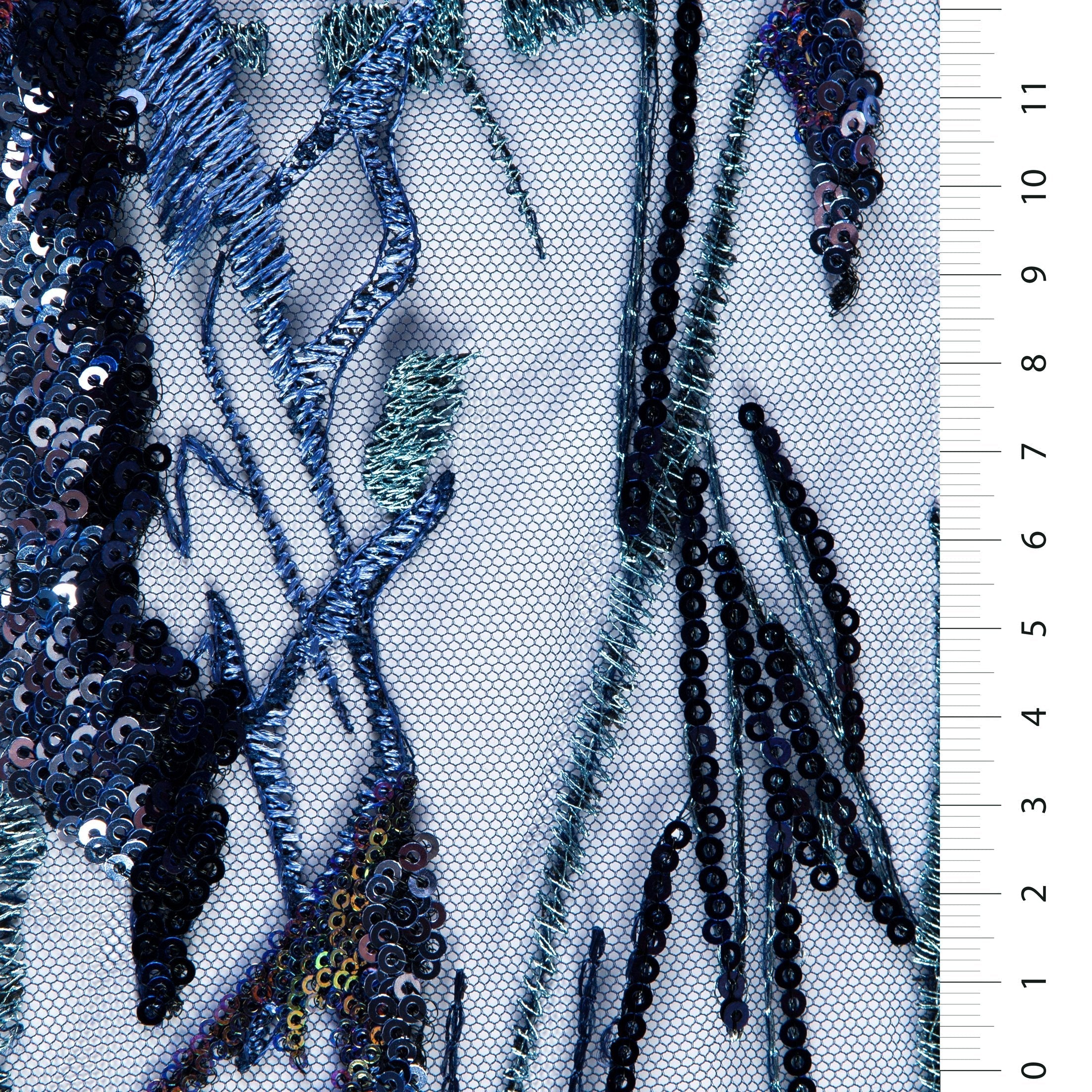 Navy Blue Floral Design Colorful Sequin Embroidery Tulle Fabric | Burç Fabric