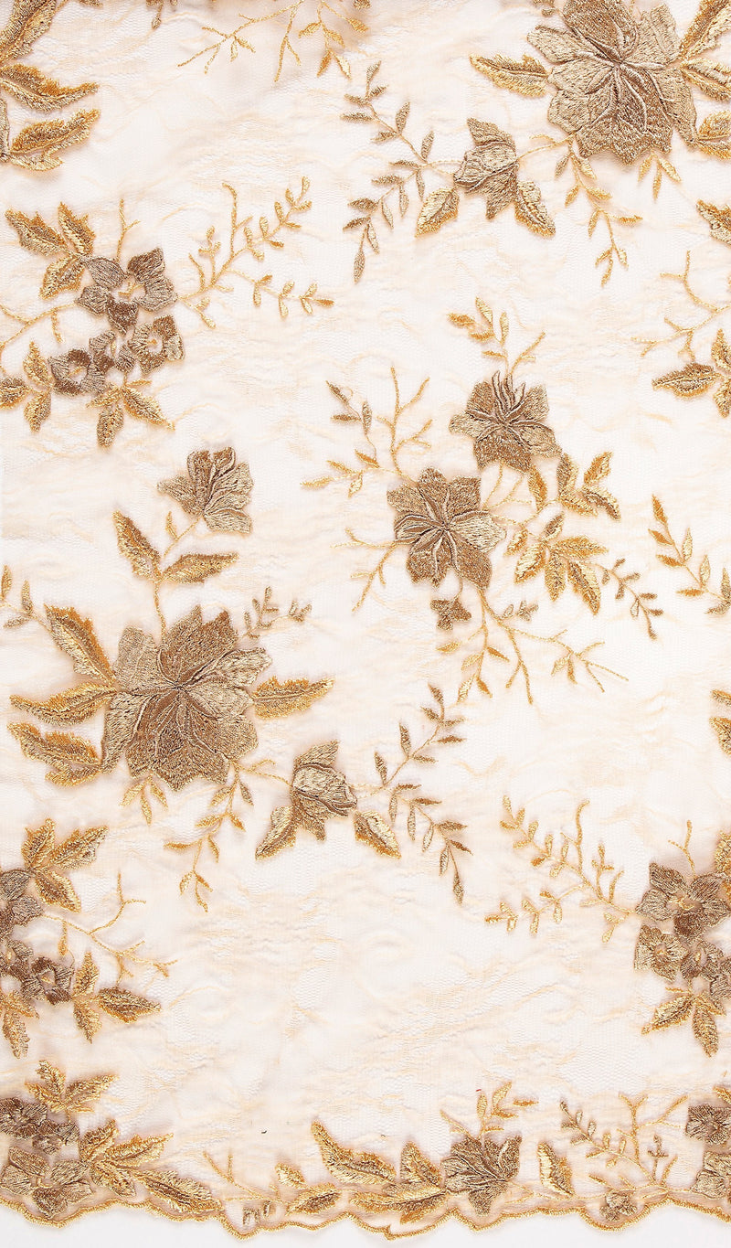 Gold Floral Embroidery Lace Fabric Majorca Style | Starsign Fabrics