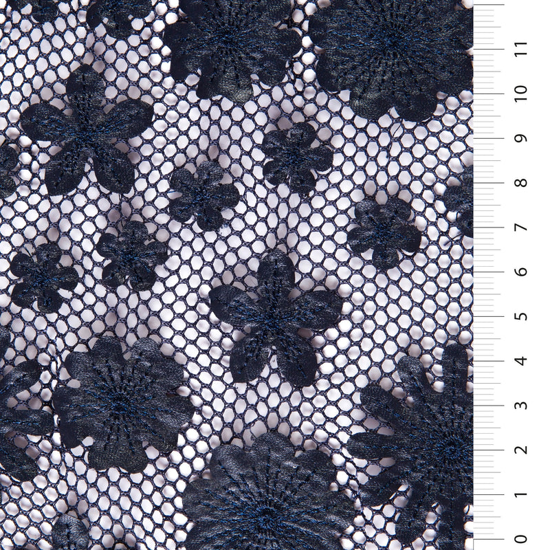 Navy Blue 3D Laser Cut Flower Faux Leather Embroidered Fabric | Burç Fabric