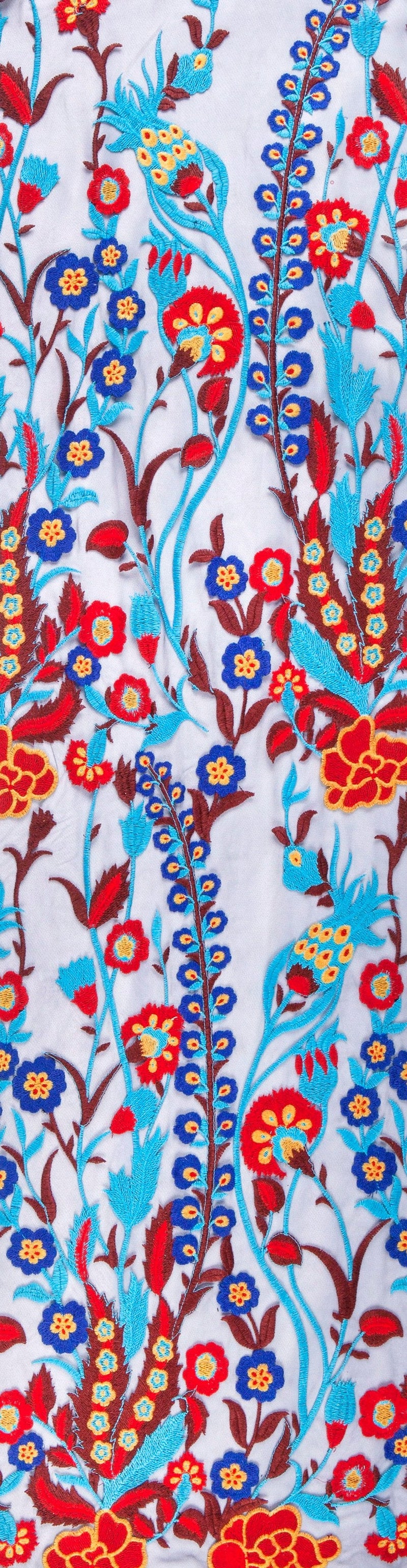 Blue Flower Pattern Colored Thread Embroidery Fabric | Burç Fabric