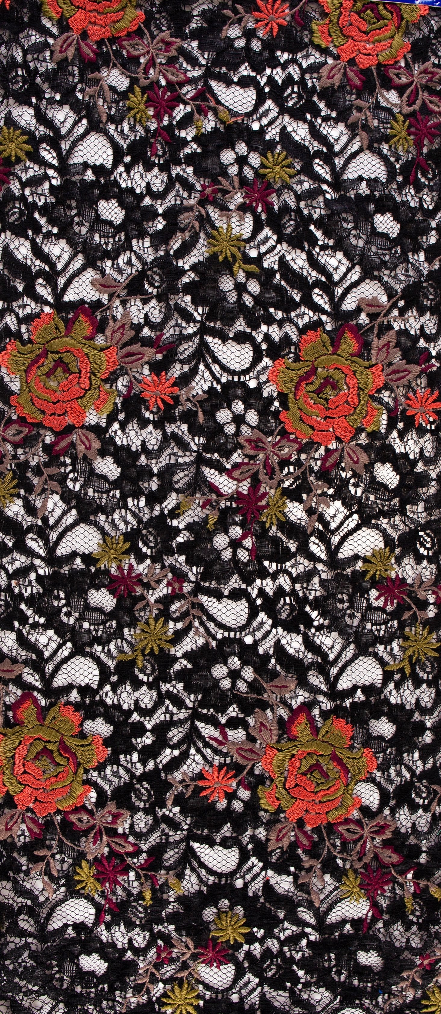 Colorful Flower Thread Embroidered Black Lace Fabric | Burç Fabric