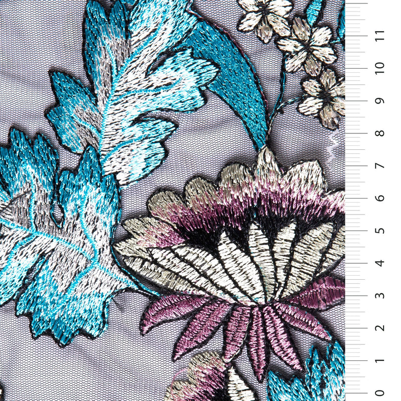 Blue Colourful Yarn Embroidery Wavy Floral Design | Starsign Fabrics