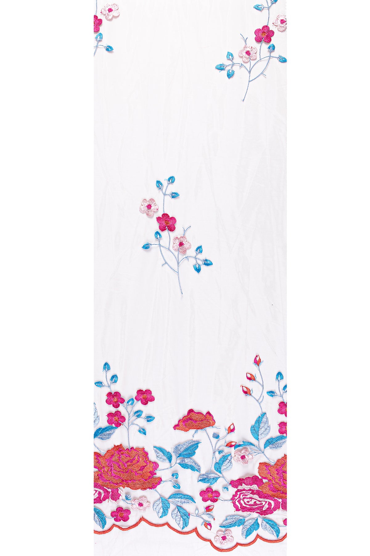 Tan-Blue Scalloped Thread Embroidered Fabric with Vivid Color Floral Design