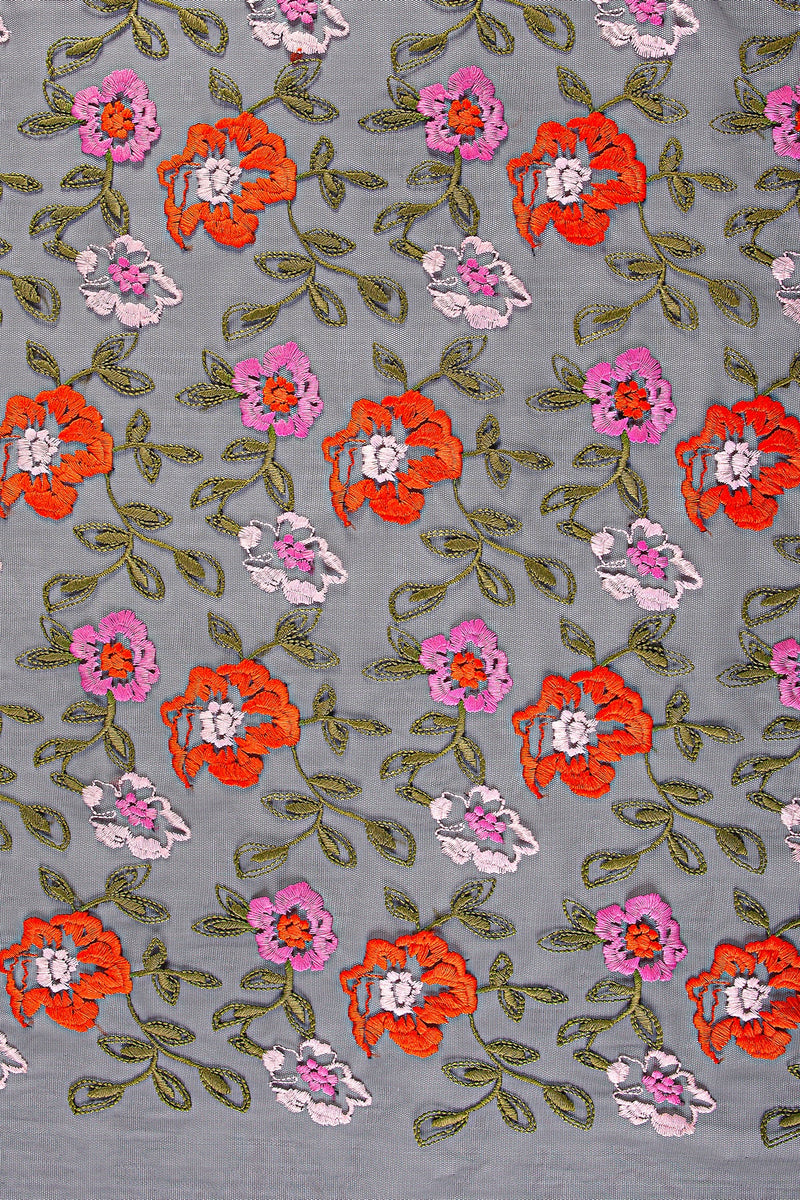 Allover Flower Design Orange Green Embroidery Fabric