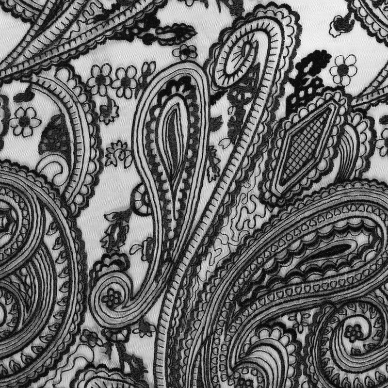 Black Paisley Yarn Embroidery Design On Tulle Fabric | Starsign Fabrics