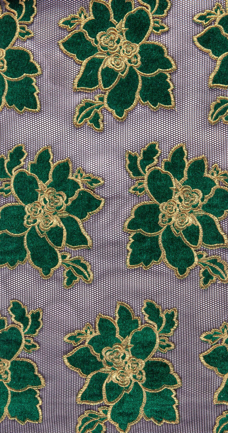 Green Floral Velvet Embroidery Fabric On Fishnet Tulle | Starsign Fabrics