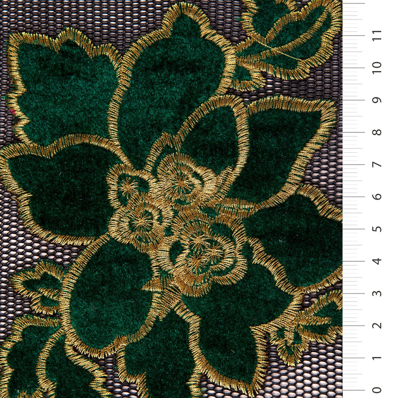 Green Floral Velvet Embroidery Fabric On Fishnet Tulle | Starsign Fabrics