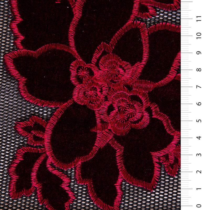 Burgundy Velvet Flower Embroidered Fabric on Net Tulle | Burç Fabric