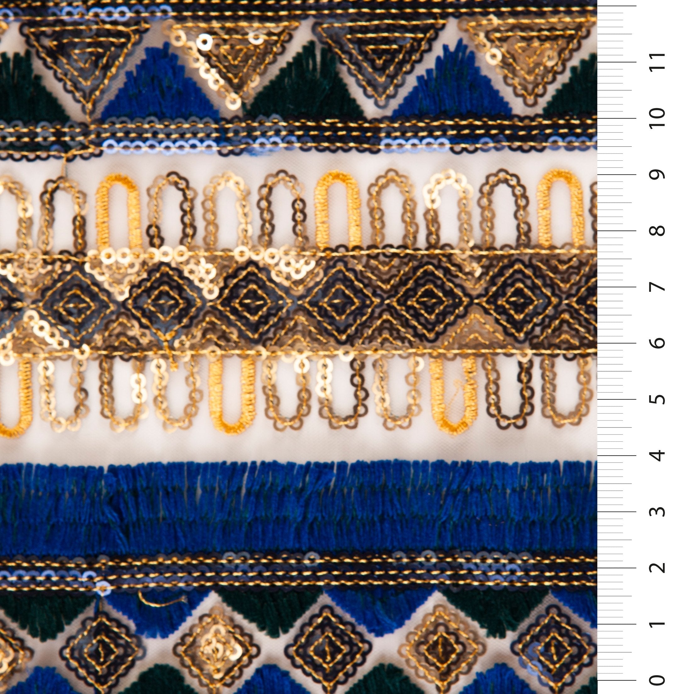 Blue Fringed Striped Ethnic Design Gold Sequin Embroidery Fabric | Burç Fabric
