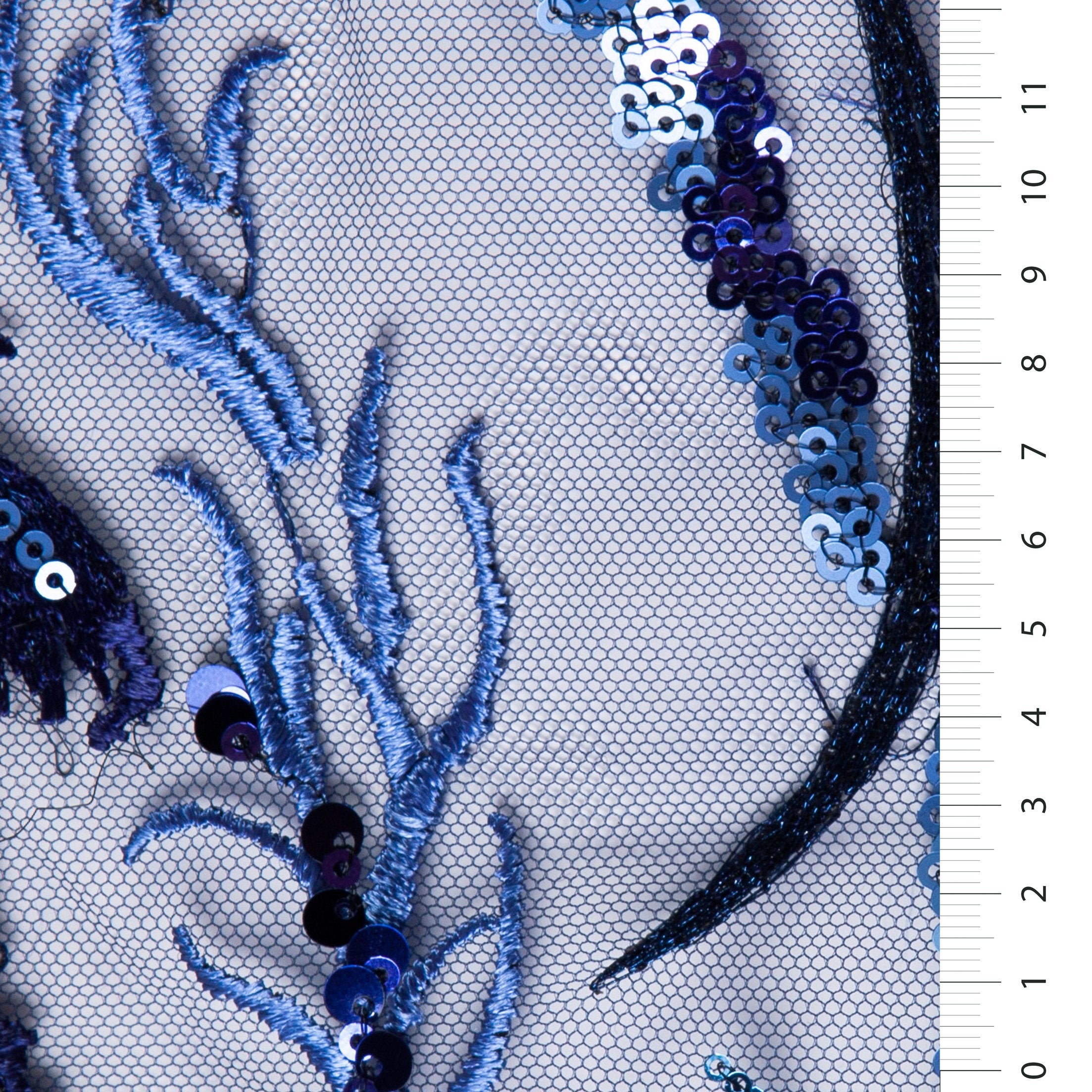 Navy Blue Floral Design Colorful Sequin Embroidered Tulle Fabric | Burç Fabric