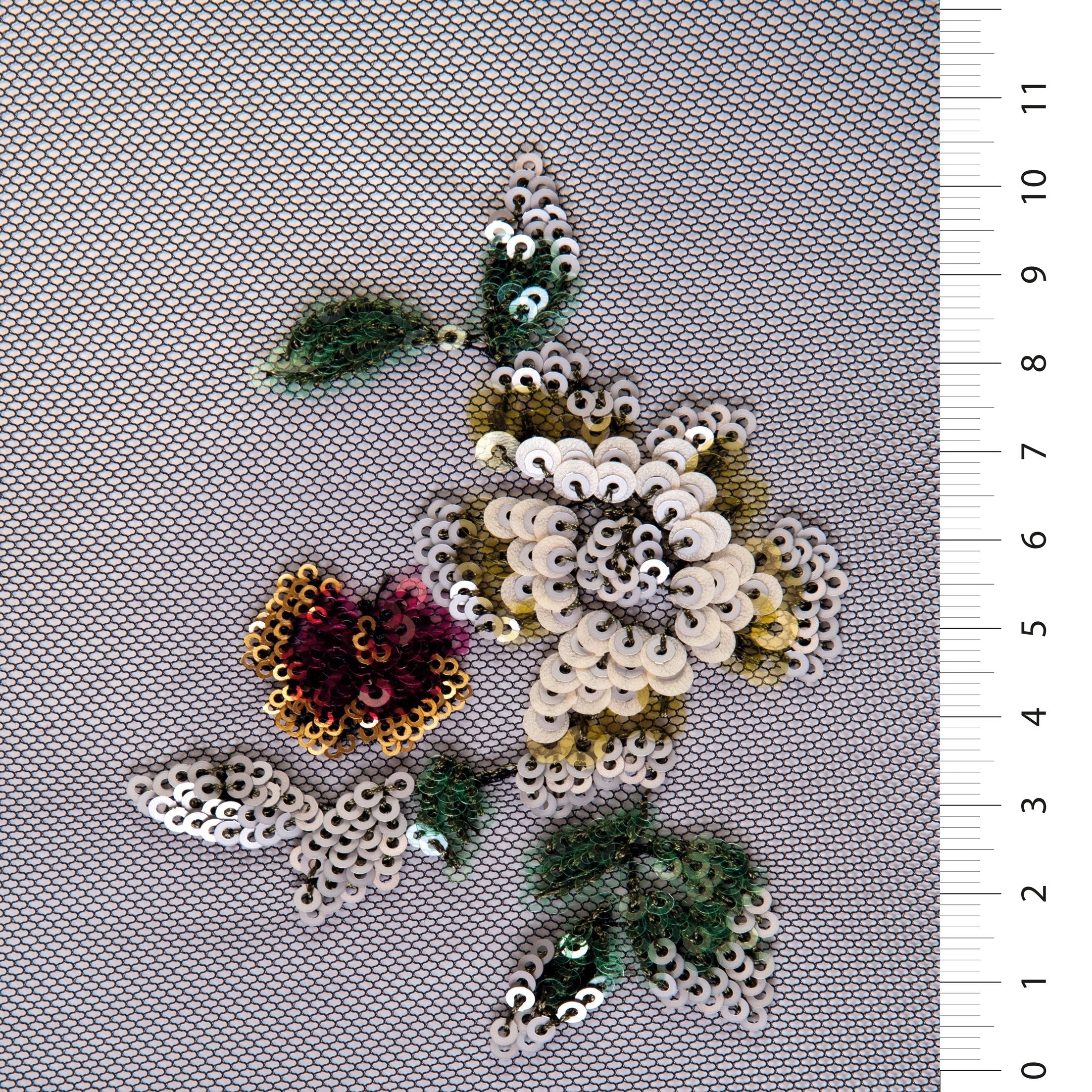 Green Floral Colorful Sequin Embroidered Knitted Tulle Fabric | Burç Fabric