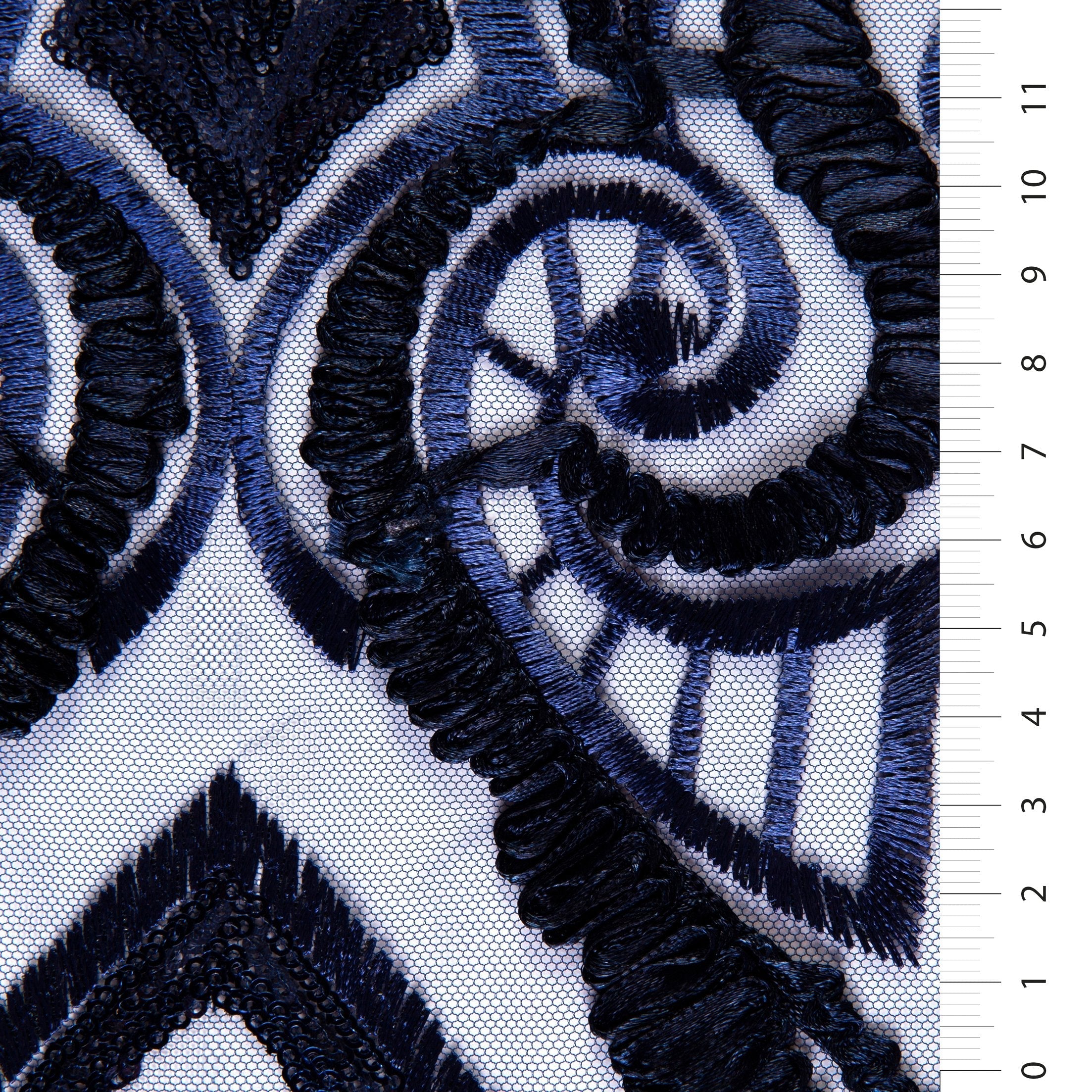 Navy Blue Floral Sequined Thread Embroidered Knitted Tulle Fabric | Burç Fabric