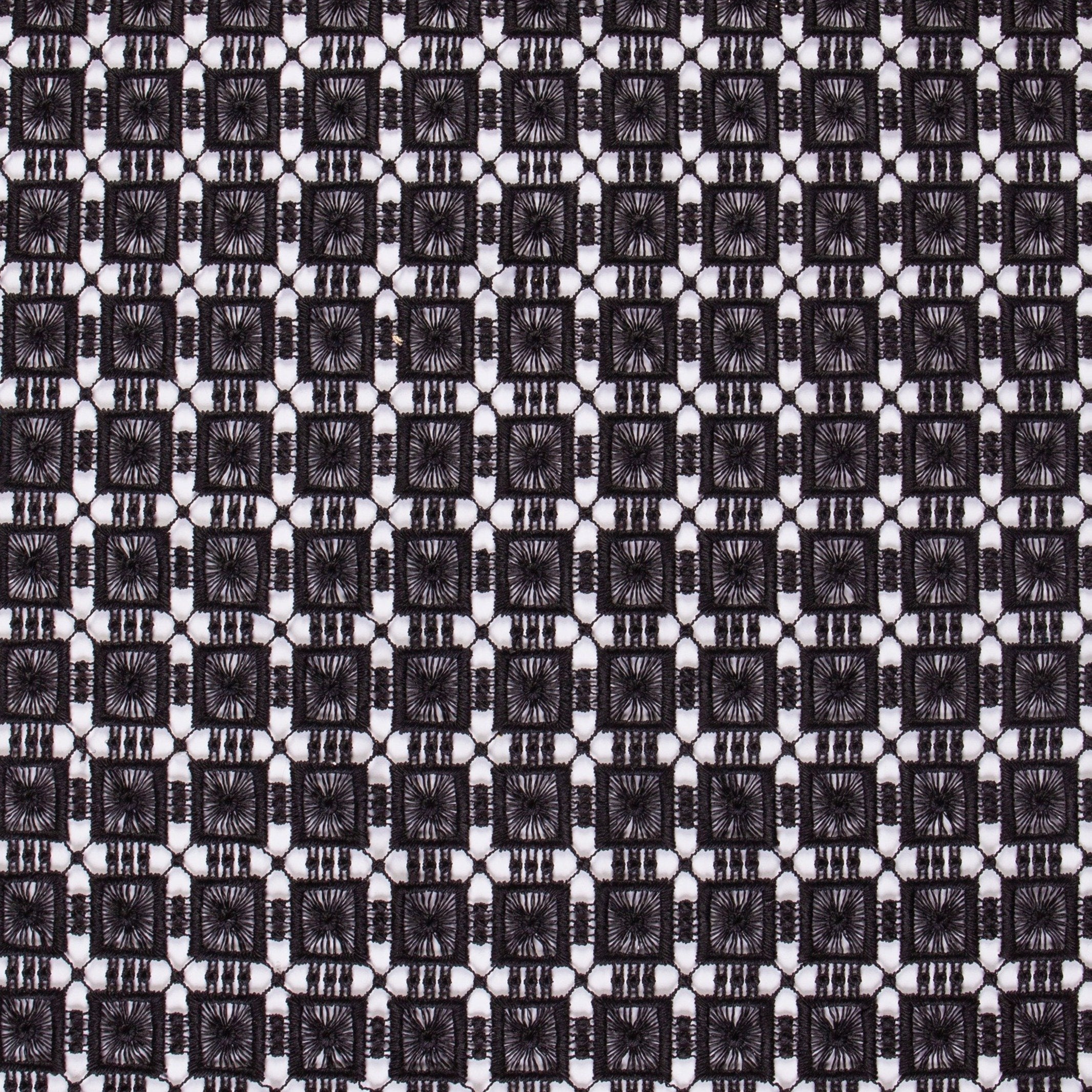Modern Art Ethnic Black Square Patterned Guipure Fabric | Burç Fabric