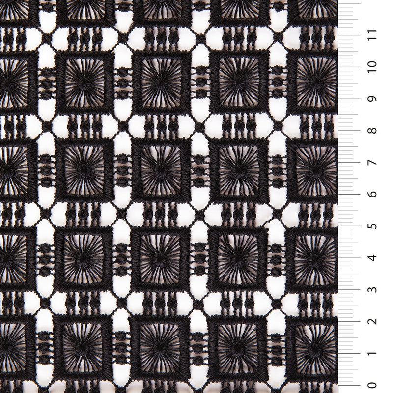 Modern Art Ethnic Black Square Patterned Guipure Fabric | Burç Fabric