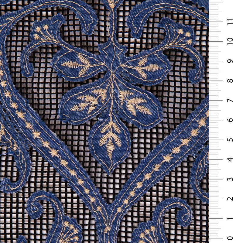 Black Denim Laser Cut Embroidery Mesh Fabric | Starsign Fabrics