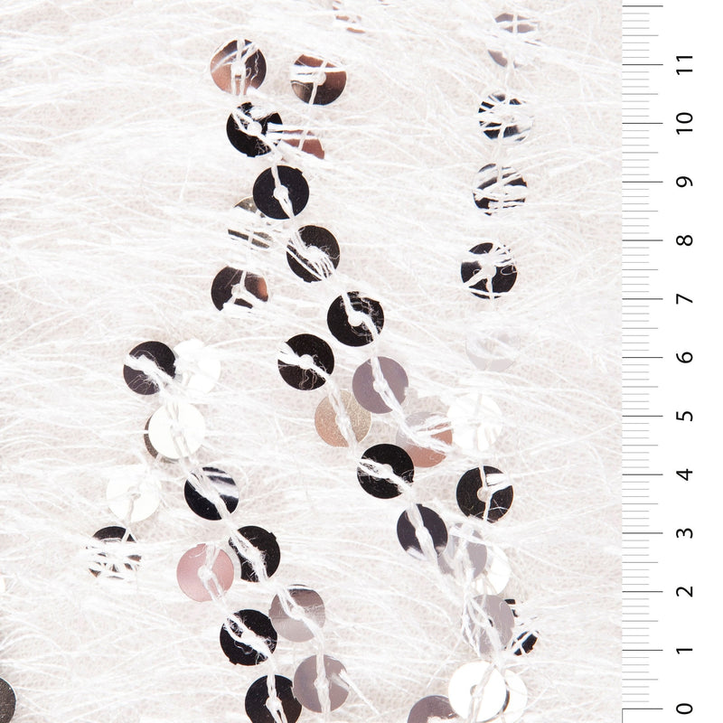 White Hairy Yarn Fringe Sequin Embroidery Fabric | Starsign Fabrics