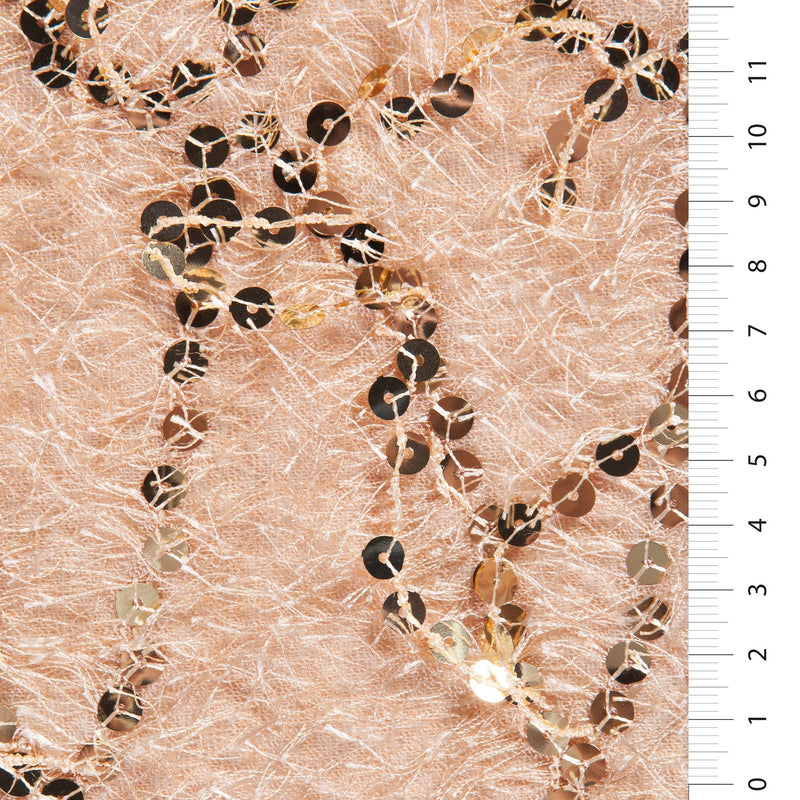 Salmon Hairy Yarn Fringe Sequin Embroidery Fabric | Starsign Fabrics