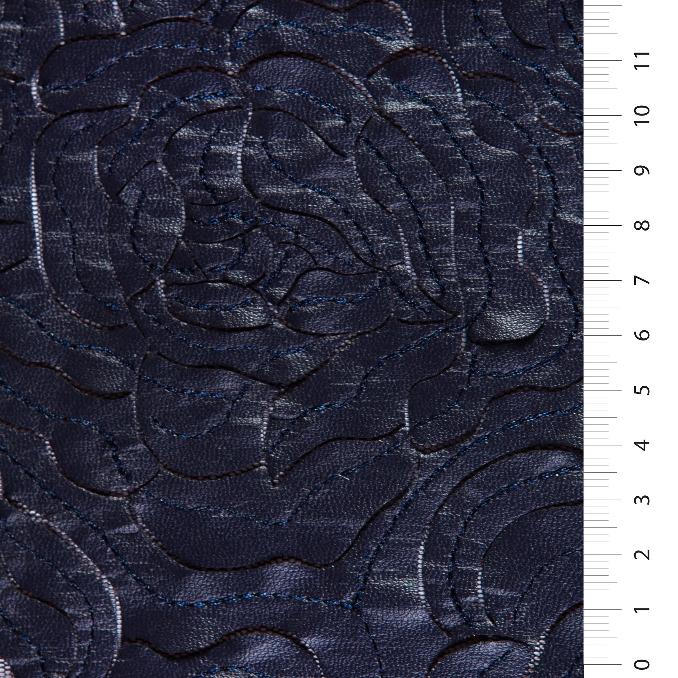 Navy Blue Laser Cut Faux Leather Rose Pattern Fabric | Burç Fabric