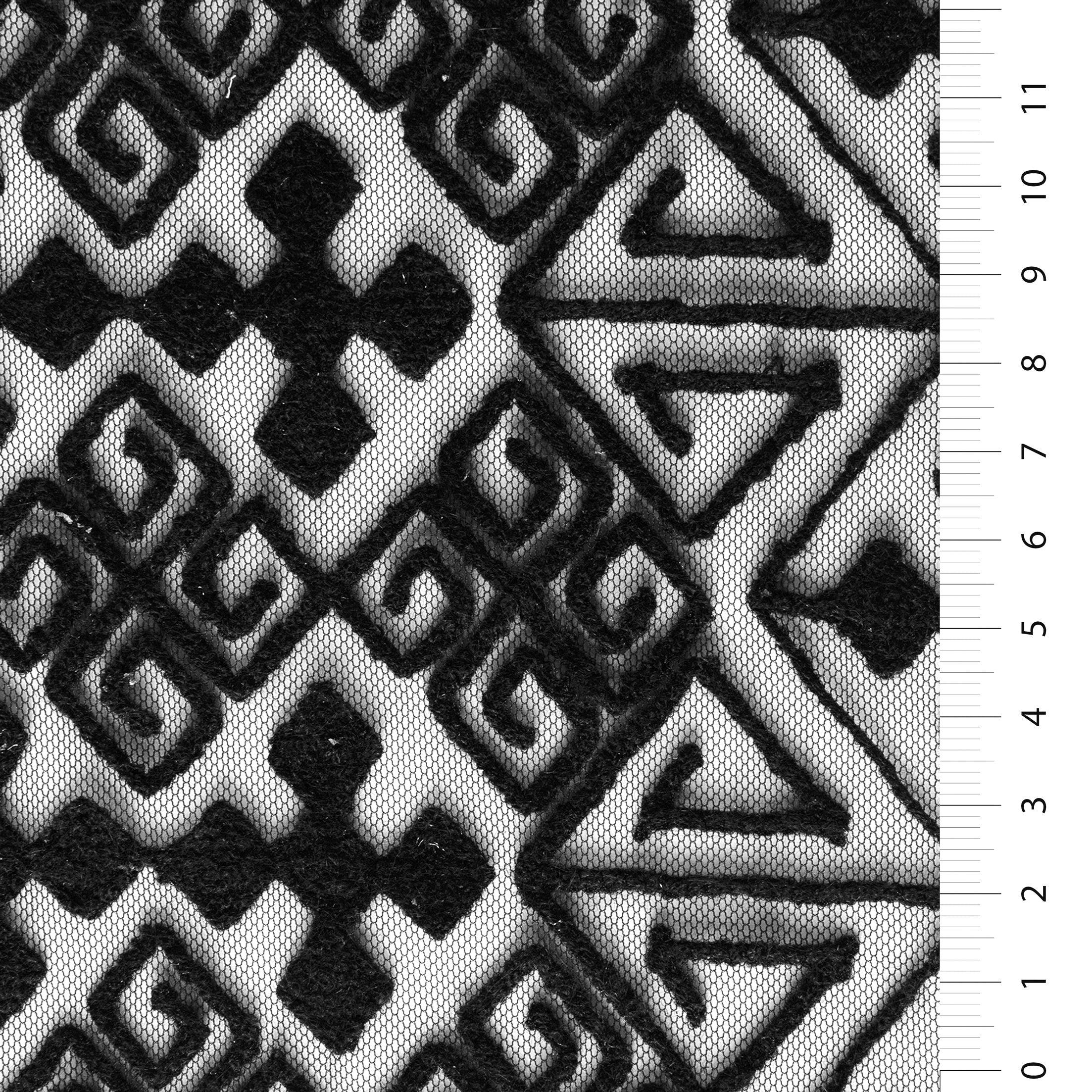 Skin-Black Aztec Designed Corded Embroidered Knitted Tulle Fabric | Burç Fabric