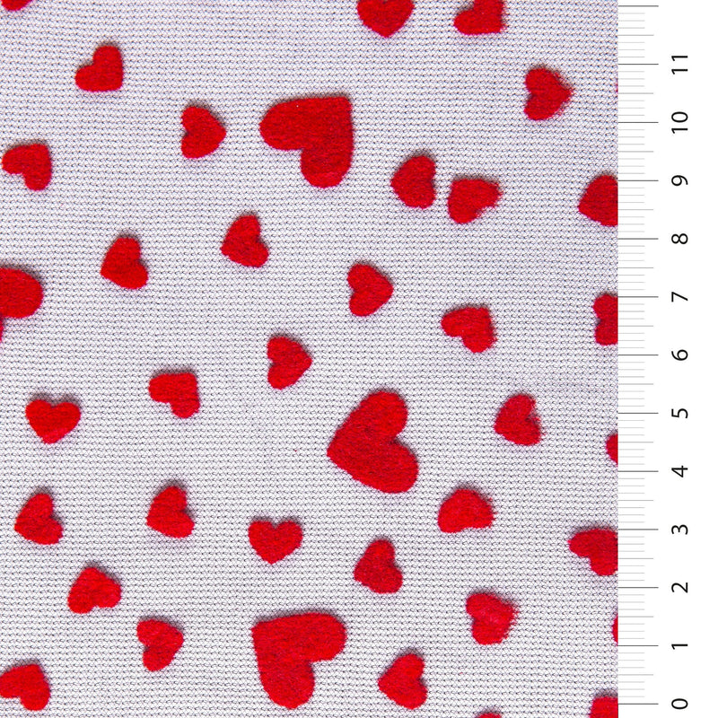 Flocked Black Knitted Tulle Fabric with All Red Heart Design | Burç Fabric