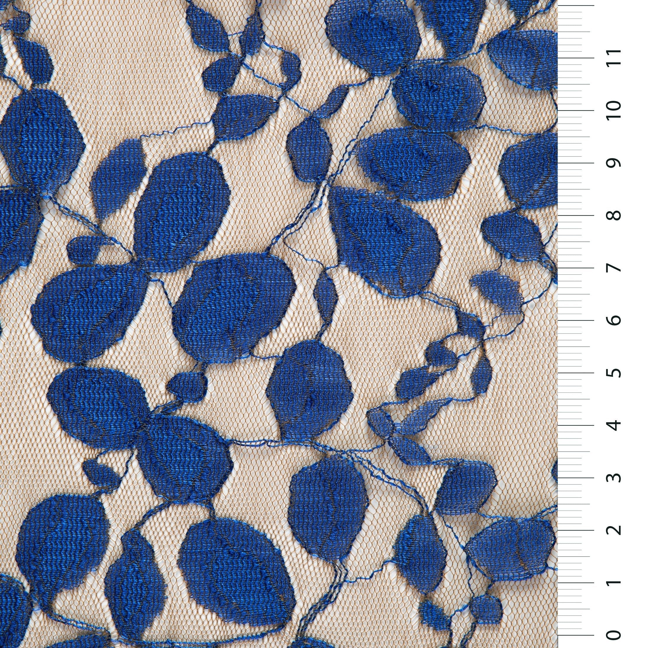 Navy Blue Leaf Design Lace Embroidery Knitted Fabric | Burç Fabric