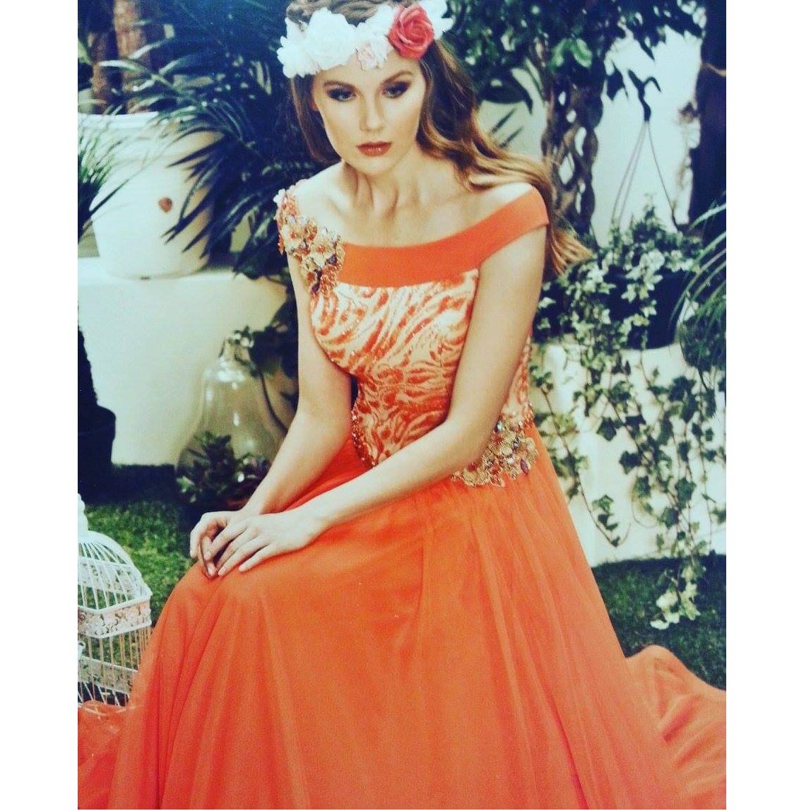 Orange Swirl Pattern Sequin Embroidered Dress | Burç Fabric