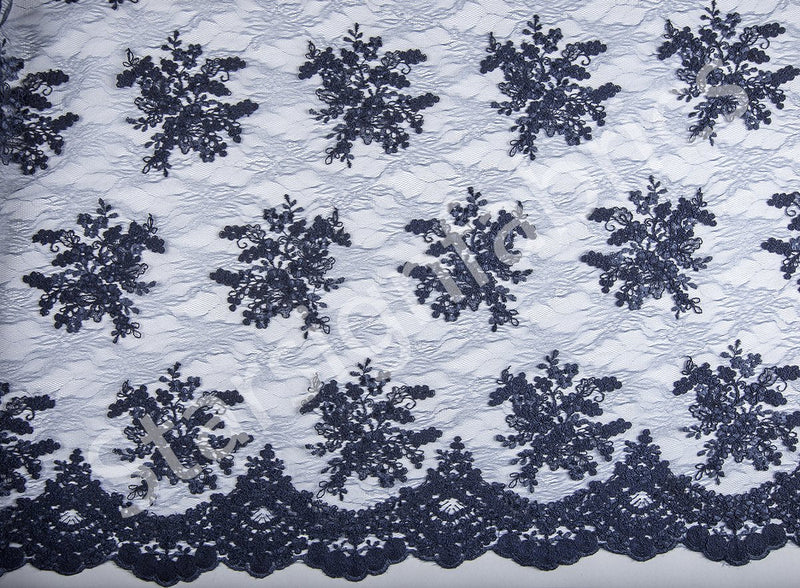 Navy Blue Scalloped Edged Stringed Floral Embroidered Lace Fabric | Burç Fabric