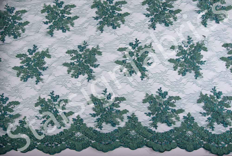 Green Scalloped Edge Drawstring Floral Embroidery Lace Fabric | Burç Fabric